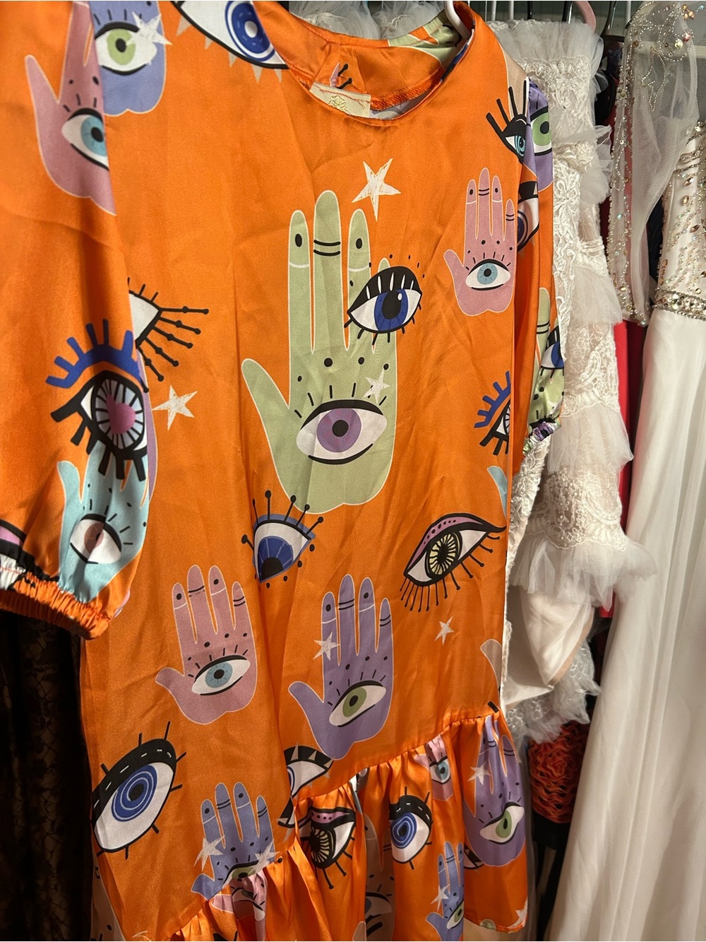 Bululu‎ Resort Orange Eye Print Mini Dress XS Boho Festival - Picture 5 of 11